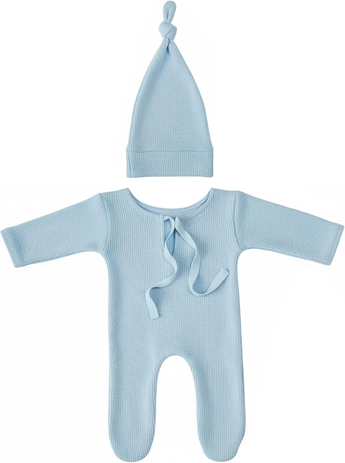 ست لباس بافتنی نوزادی دست‌ساز شامل کلاه دنباله‌دار و شلوار، مناسب عکاسی نوزادان دختر و پسر