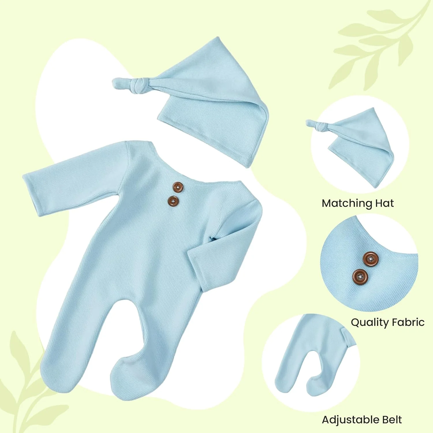 ست لباس بافتنی نوزادی دست‌ساز شامل کلاه دنباله‌دار و شلوار، مناسب عکاسی نوزادان دختر و پسر