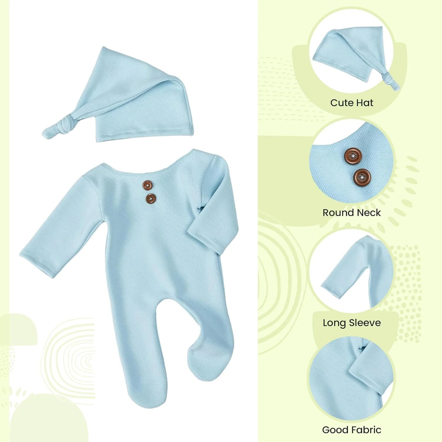 ست لباس بافتنی نوزادی دست‌ساز شامل کلاه دنباله‌دار و شلوار، مناسب عکاسی نوزادان دختر و پسر