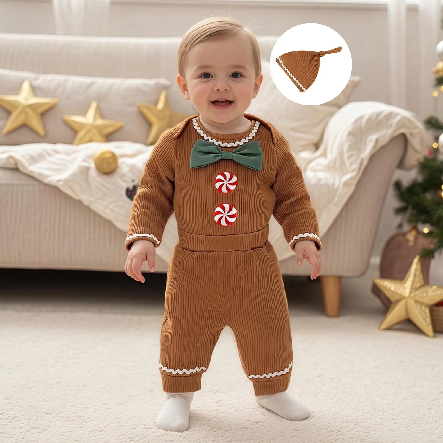 لباس نوزادی طرح آدمک زنجبیلی، ست لباس کریسمس بافتنی شامل رامپر و شلوار