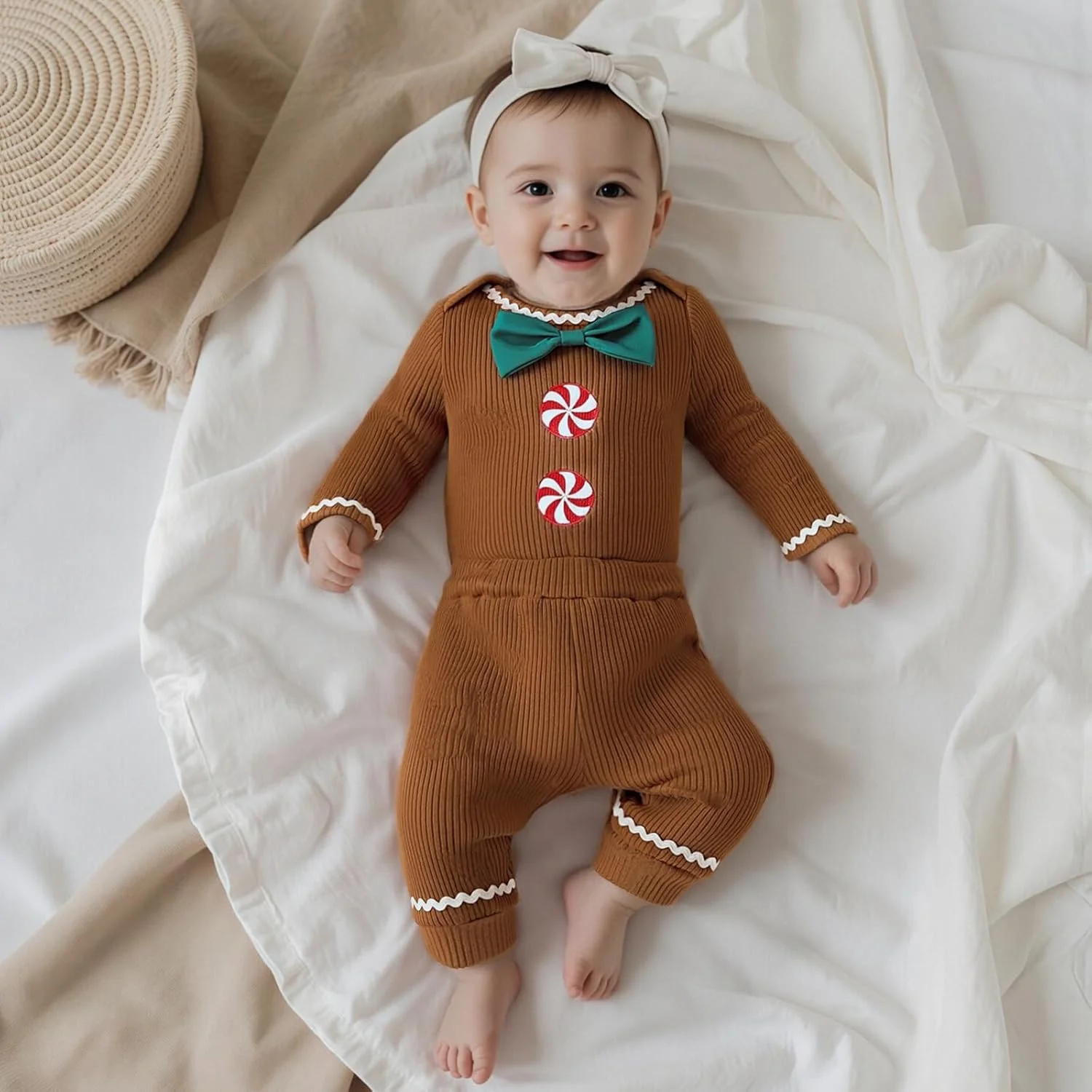 لباس نوزادی طرح آدمک زنجبیلی، ست لباس کریسمس بافتنی شامل رامپر و شلوار