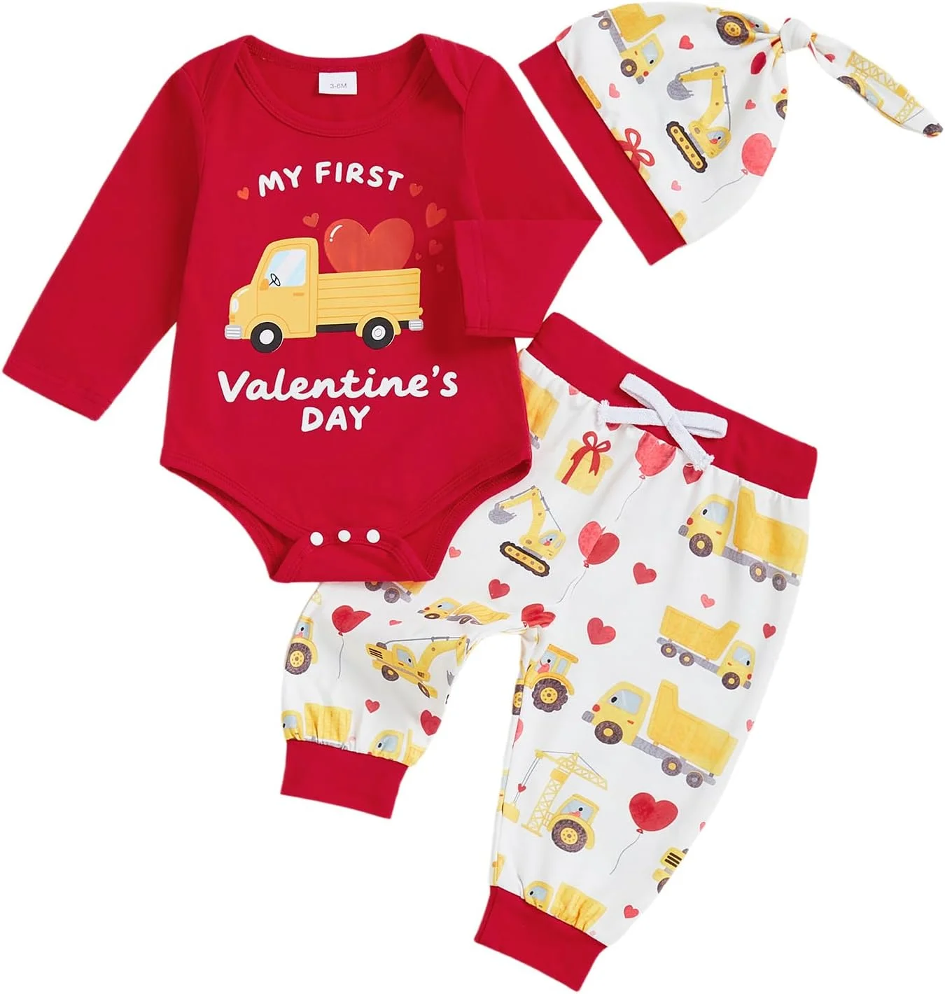 ست لباس پسرانه نوزادی طرح روز عشق، سرهمی، شلوار طرح قلب و کلاه، 3 تکه، مناسب فصل بهار