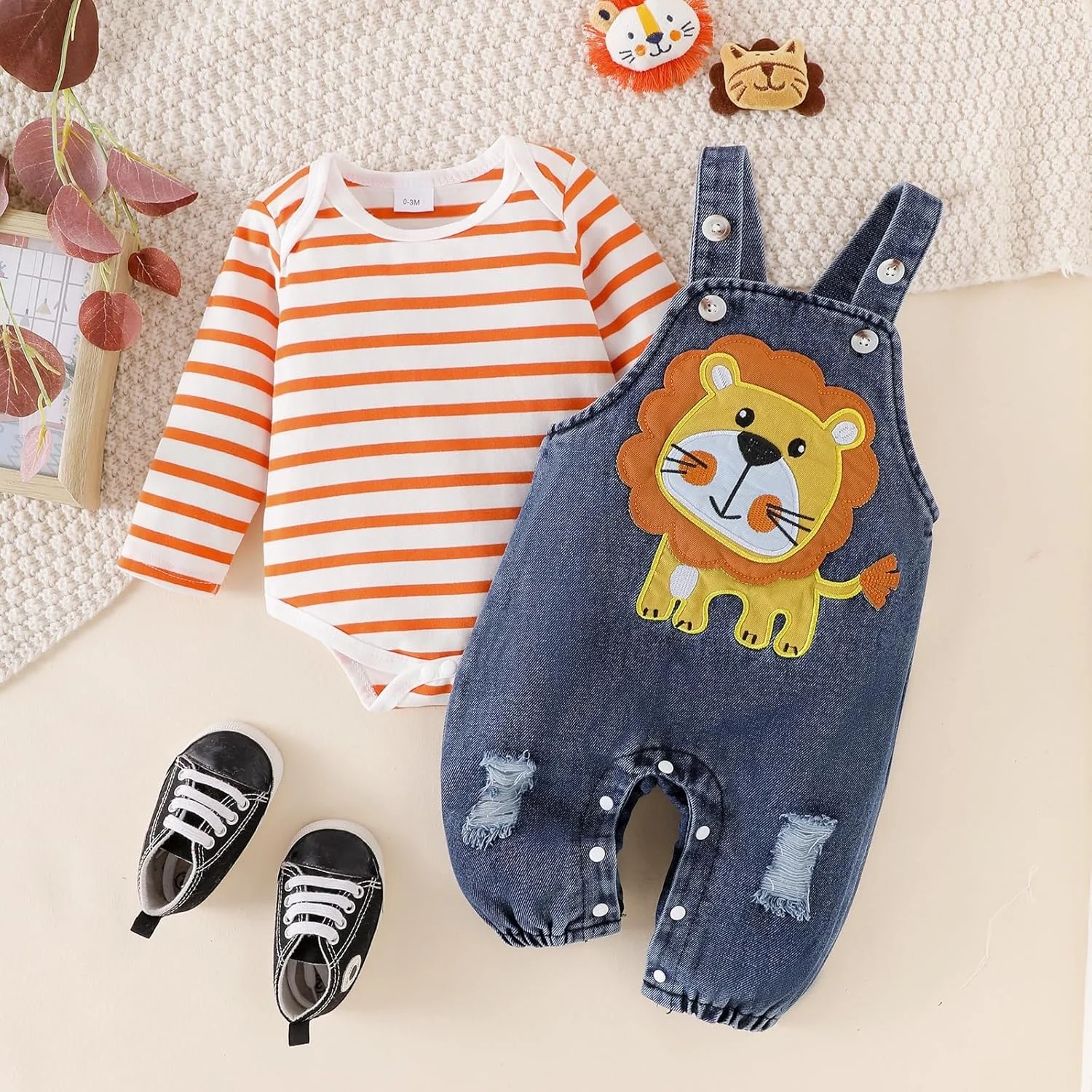لباس پسرانه نوزادی، رامپر آستین بلند، طرح کارتونی حیوانات، سرهمی پیشبندی جین، لباس پاییزی 0 تا 18 ماه