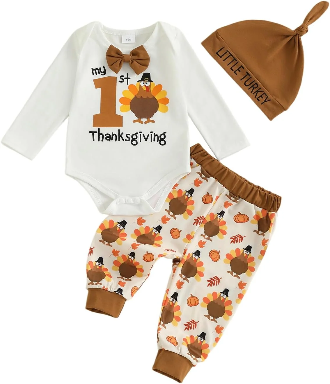 ست لباس نوزاد پسرانه برای اولین جشن شکرگزاری، رامپر آستین بلند طرح بوقلمون، شلوار پاپیونی و کلاه 3 تکه