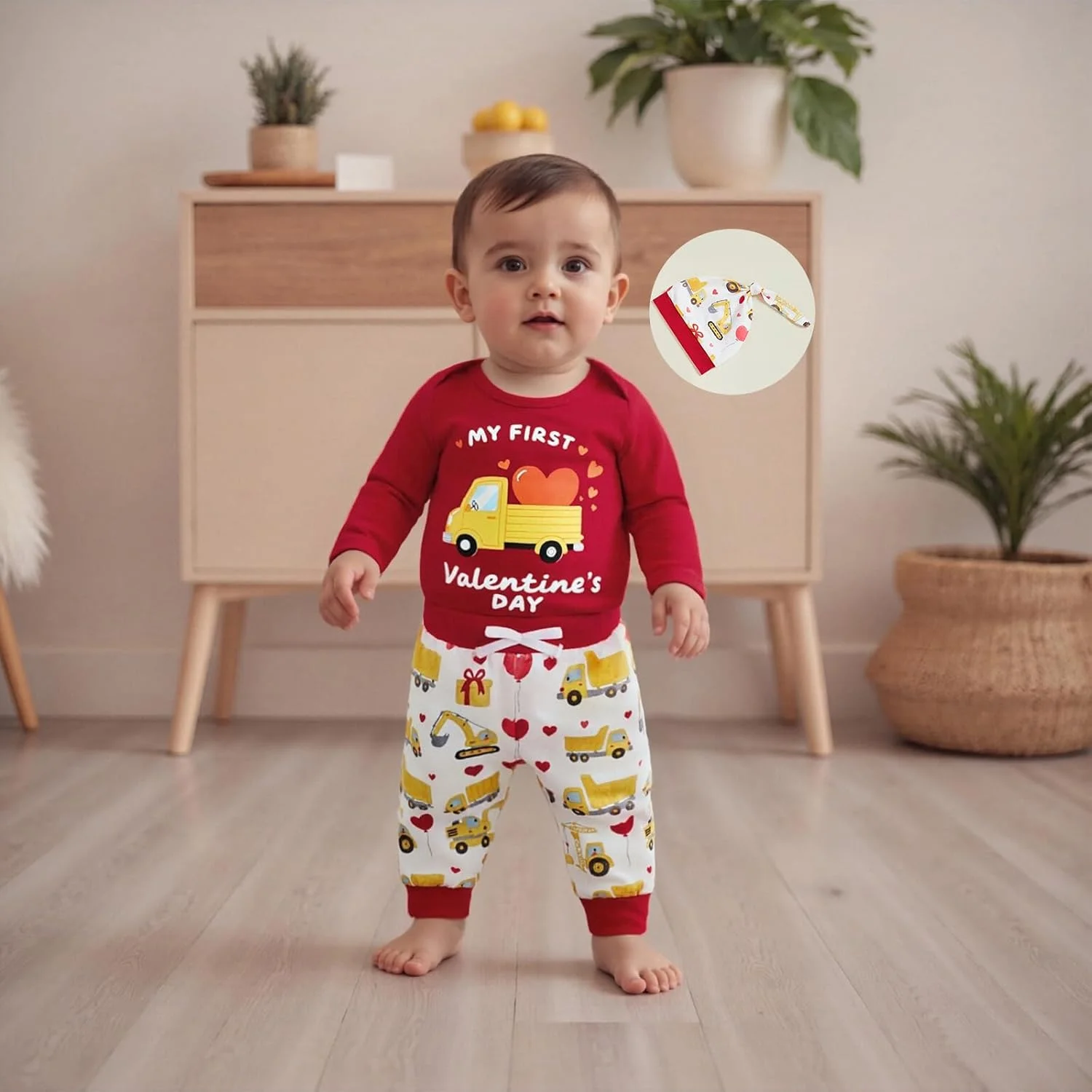 ست لباس پسرانه نوزادی طرح روز عشق، سرهمی، شلوار طرح قلب و کلاه، 3 تکه، مناسب فصل بهار