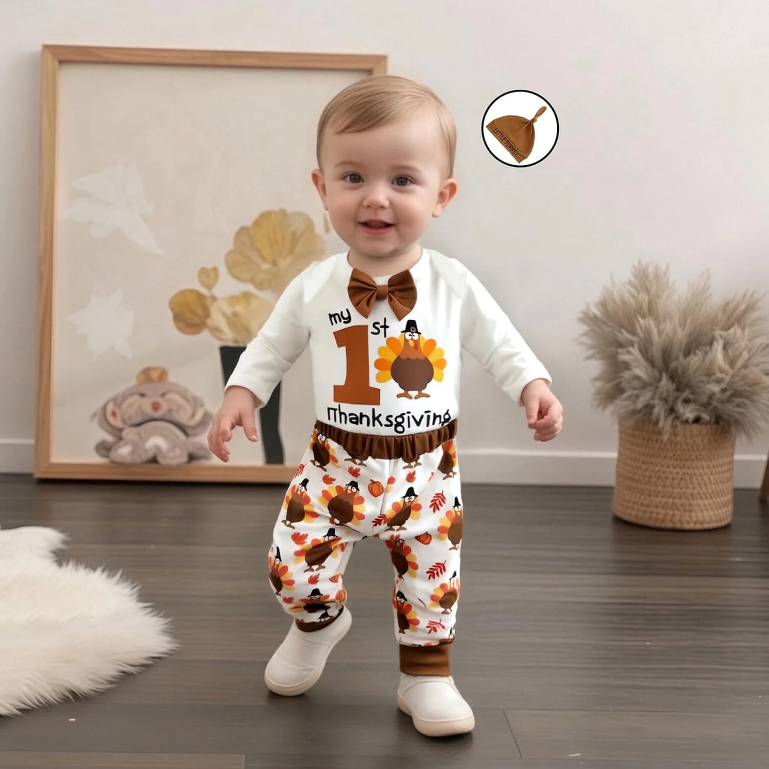 ست لباس نوزاد پسرانه برای اولین جشن شکرگزاری، رامپر آستین بلند طرح بوقلمون، شلوار پاپیونی و کلاه 3 تکه