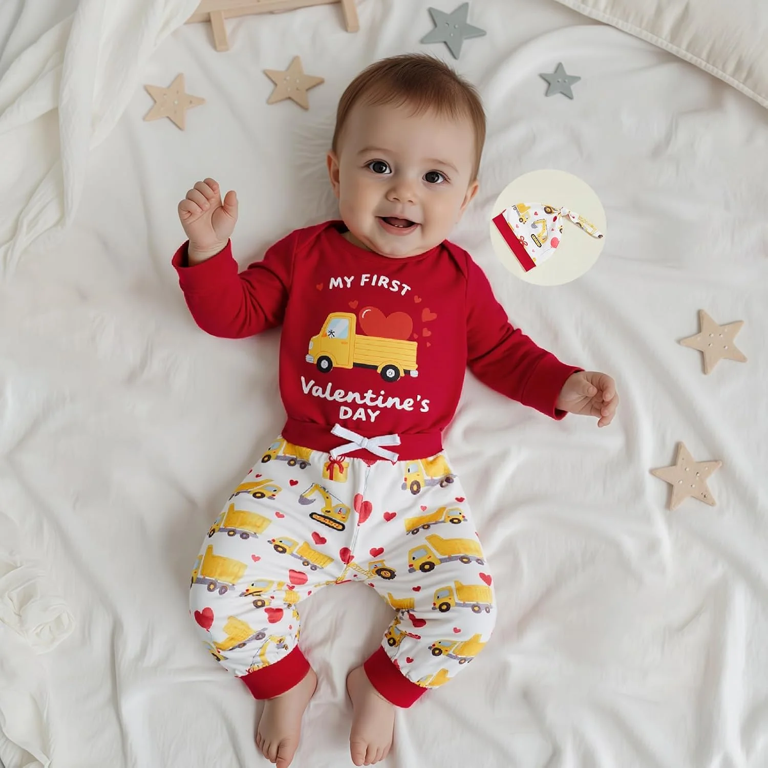 ست لباس پسرانه نوزادی طرح روز عشق، سرهمی، شلوار طرح قلب و کلاه، 3 تکه، مناسب فصل بهار