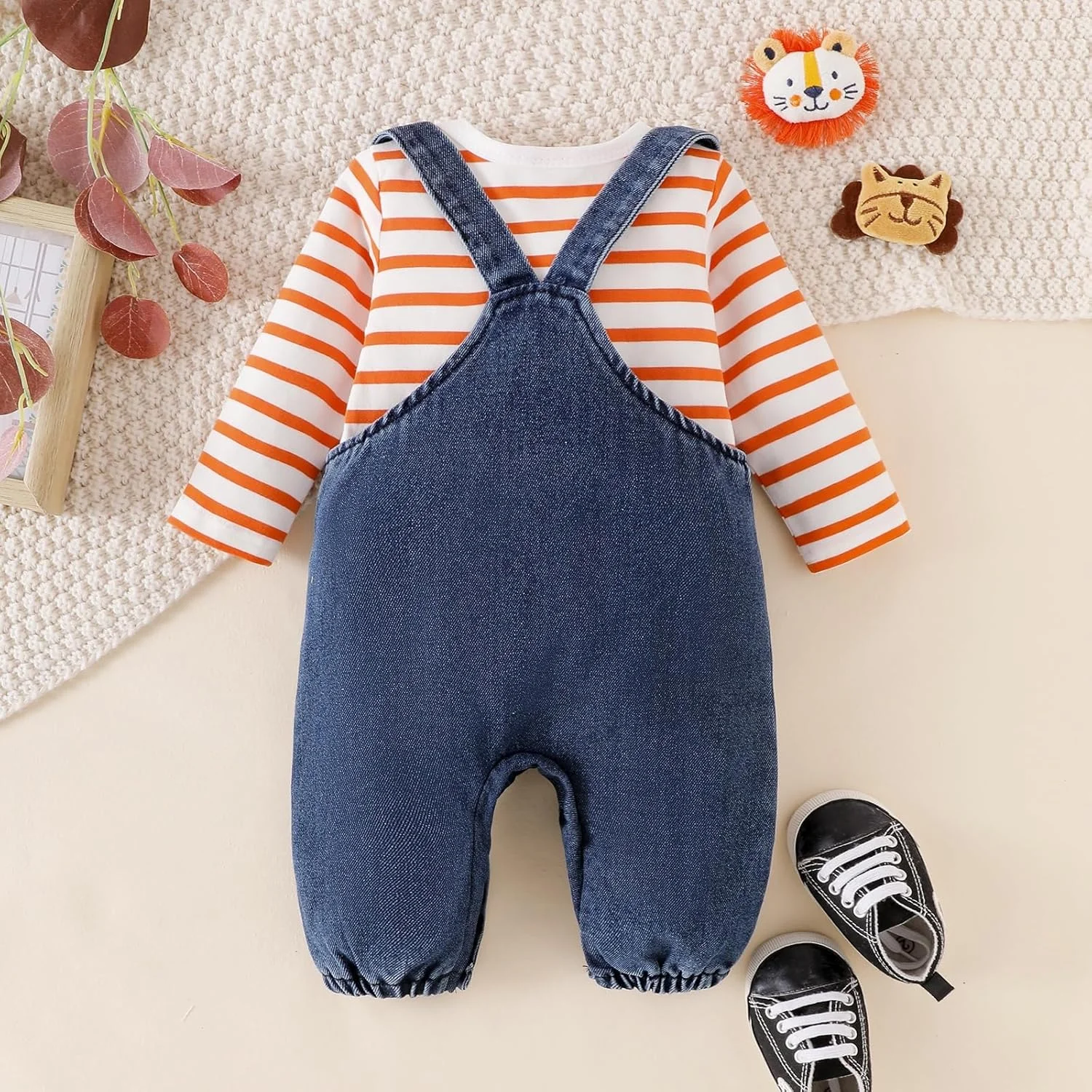 لباس پسرانه نوزادی، رامپر آستین بلند، طرح کارتونی حیوانات، سرهمی پیشبندی جین، لباس پاییزی 0 تا 18 ماه