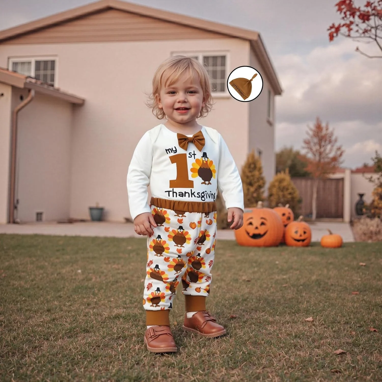 ست لباس نوزاد پسرانه برای اولین جشن شکرگزاری، رامپر آستین بلند طرح بوقلمون، شلوار پاپیونی و کلاه 3 تکه