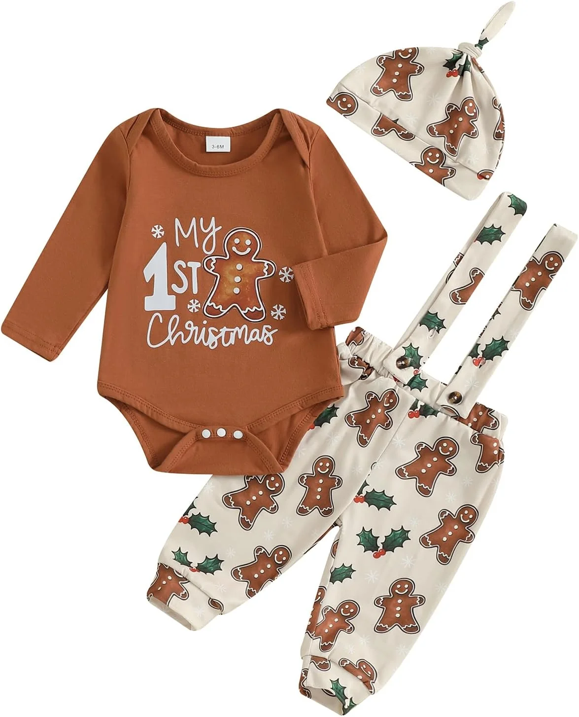 ست لباس کریسمس نوزاد پسرانه، رامپر آستین بلند با طرح زنجبیلی، شلوار پیشبندی و کلاه، ست 3 تکه لباس نوزادی