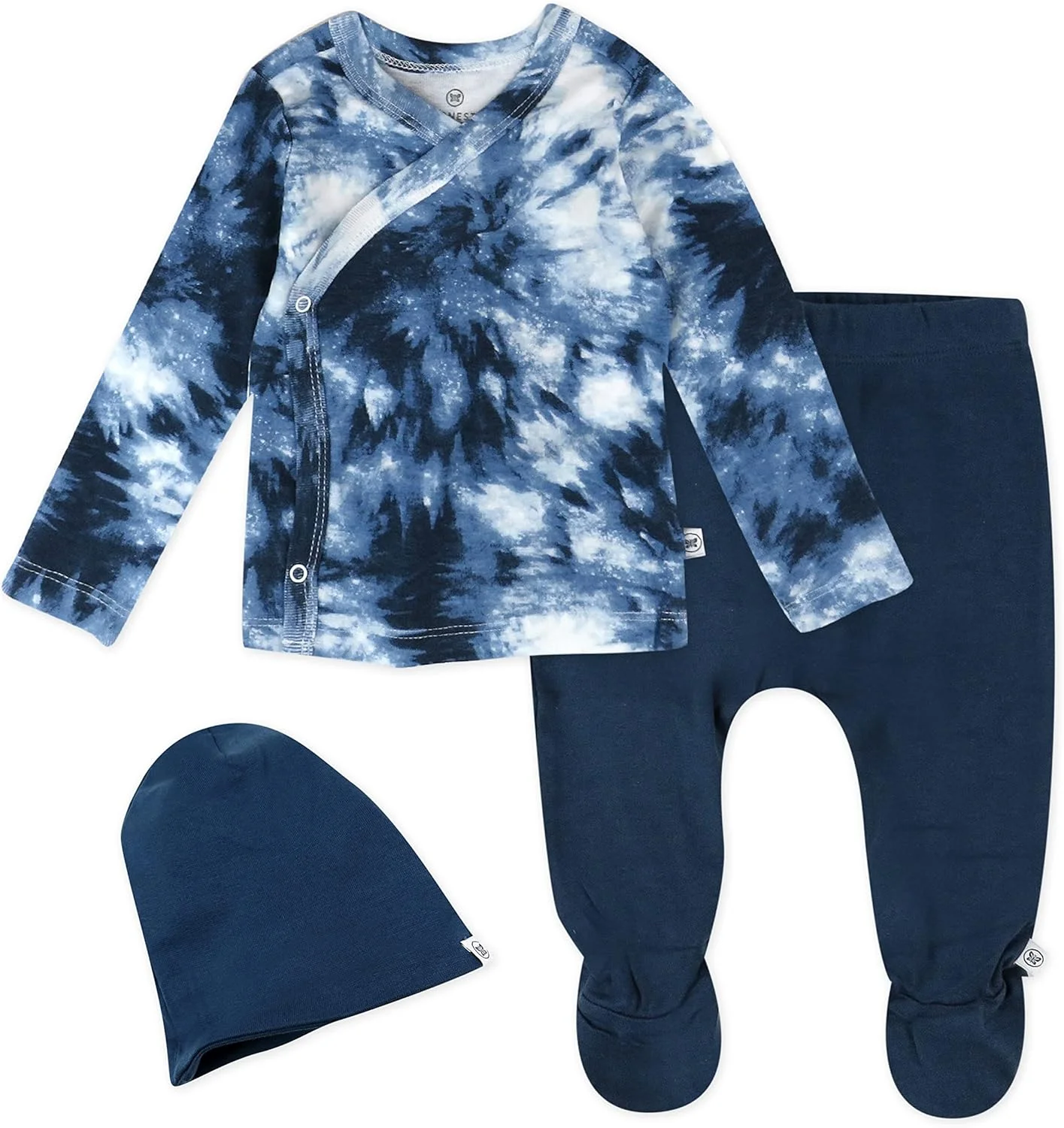 ست سه تکه لباس نوزادی پنبه ارگانیک شامل بلوز کیمونو، شلوار جوراب دار و کلاه