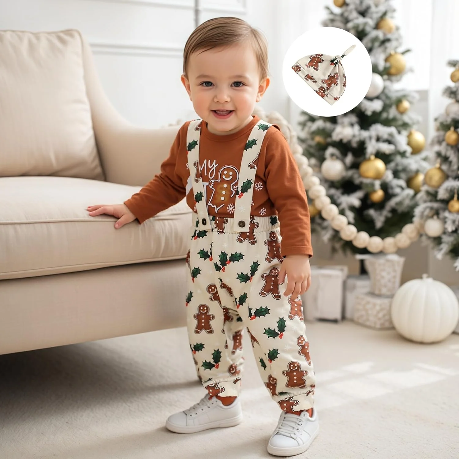 ست لباس کریسمس نوزاد پسرانه، رامپر آستین بلند با طرح زنجبیلی، شلوار پیشبندی و کلاه، ست 3 تکه لباس نوزادی