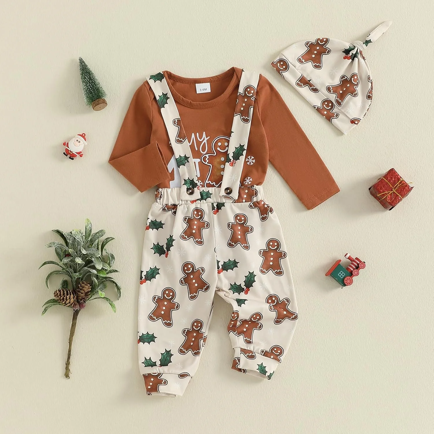 ست لباس کریسمس نوزاد پسرانه، رامپر آستین بلند با طرح زنجبیلی، شلوار پیشبندی و کلاه، ست 3 تکه لباس نوزادی
