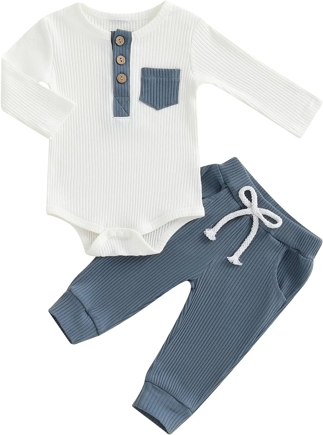لباس نوزادی پسرانه با طرح بافتنی دنده ای، آستین بلند، شامل رامپر و شلوار، مناسب برای نوزادان 3، 6، 12 و 18 ماهه، لباس های پاییزی با رنگ های ترکیبی