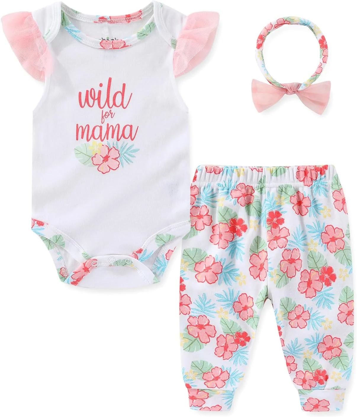 لباس نوزادی دخترانه، سرهمی آستین بلند، بادی، شلوار بافتنی دنده ای پنبه ای و کلاه