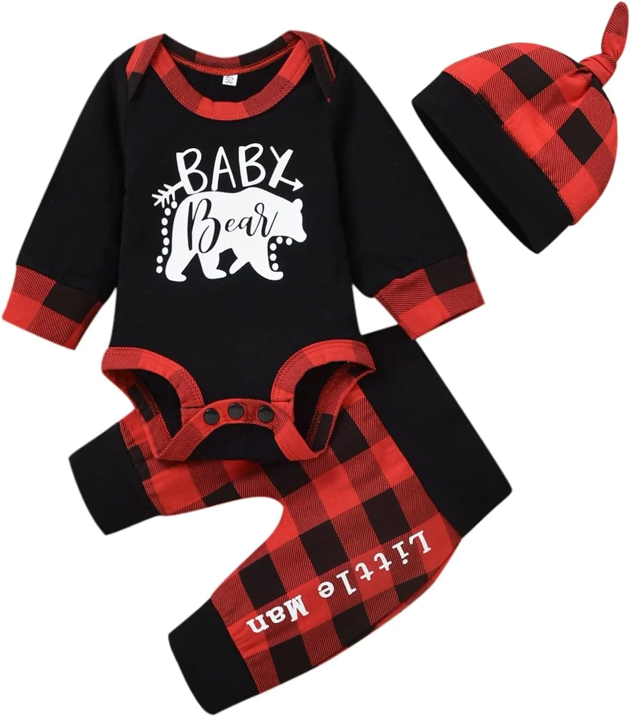 لباس نوزادی پسرانه طرح خرس، رامپر با چاپ حروف + شلوار بلند + کلاه، ست 3 تکه - سفید