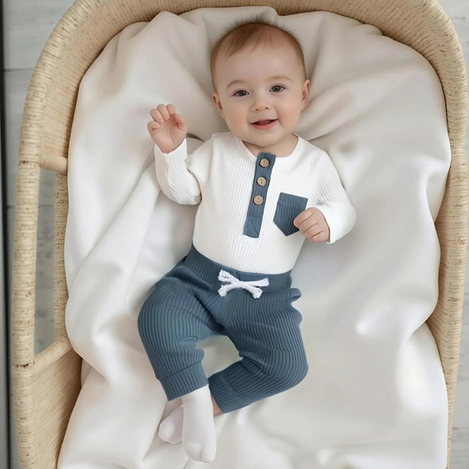 لباس نوزادی پسرانه با طرح بافتنی دنده ای، آستین بلند، شامل رامپر و شلوار، مناسب برای نوزادان 3، 6، 12 و 18 ماهه، لباس های پاییزی با رنگ های ترکیبی