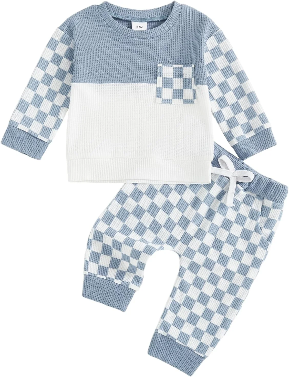 ست لباس پاییزی پسرانه نوزادی، بلوز آستین بلند طرح شطرنجی و شلوار کمر کش