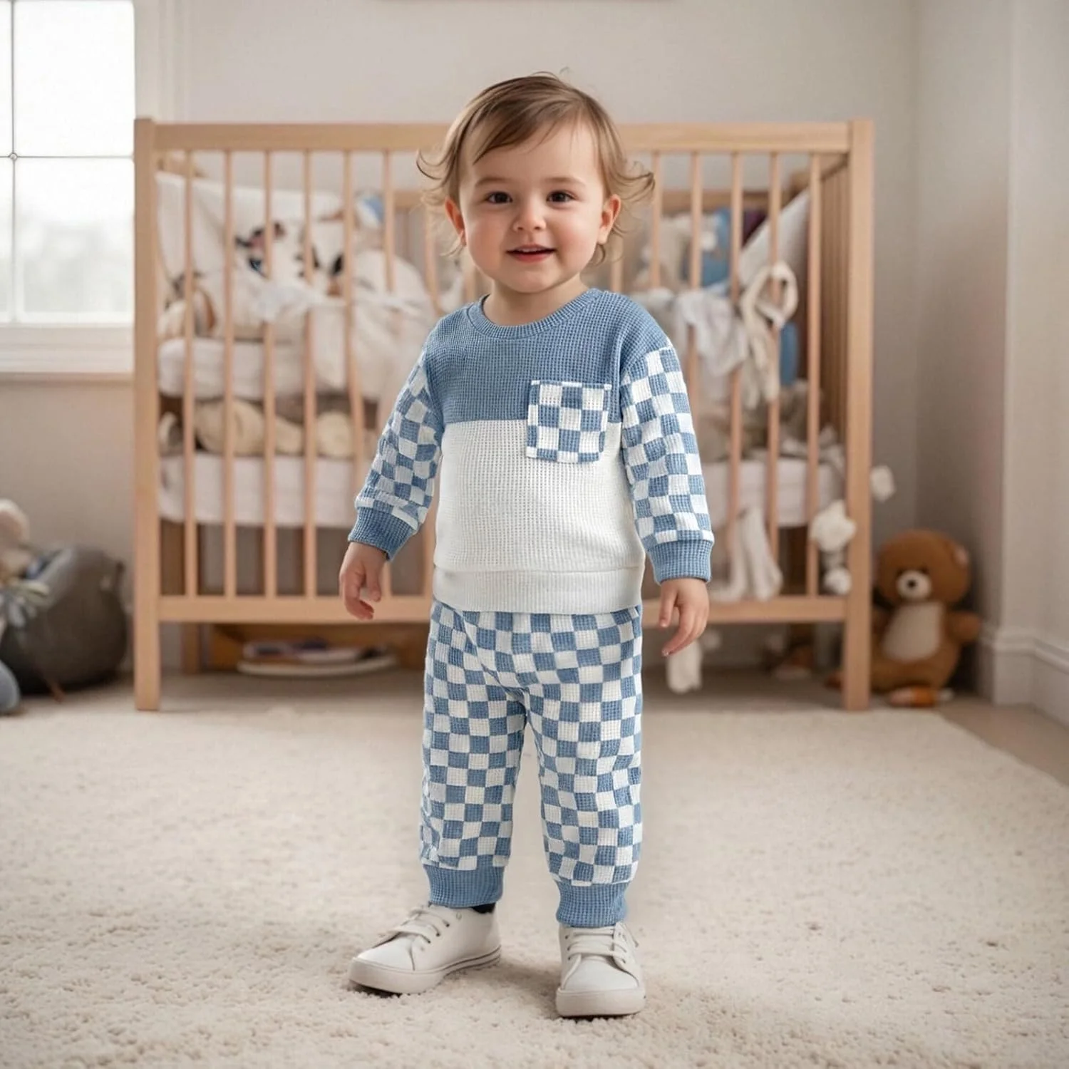 ست لباس پاییزی پسرانه نوزادی، بلوز آستین بلند طرح شطرنجی و شلوار کمر کش