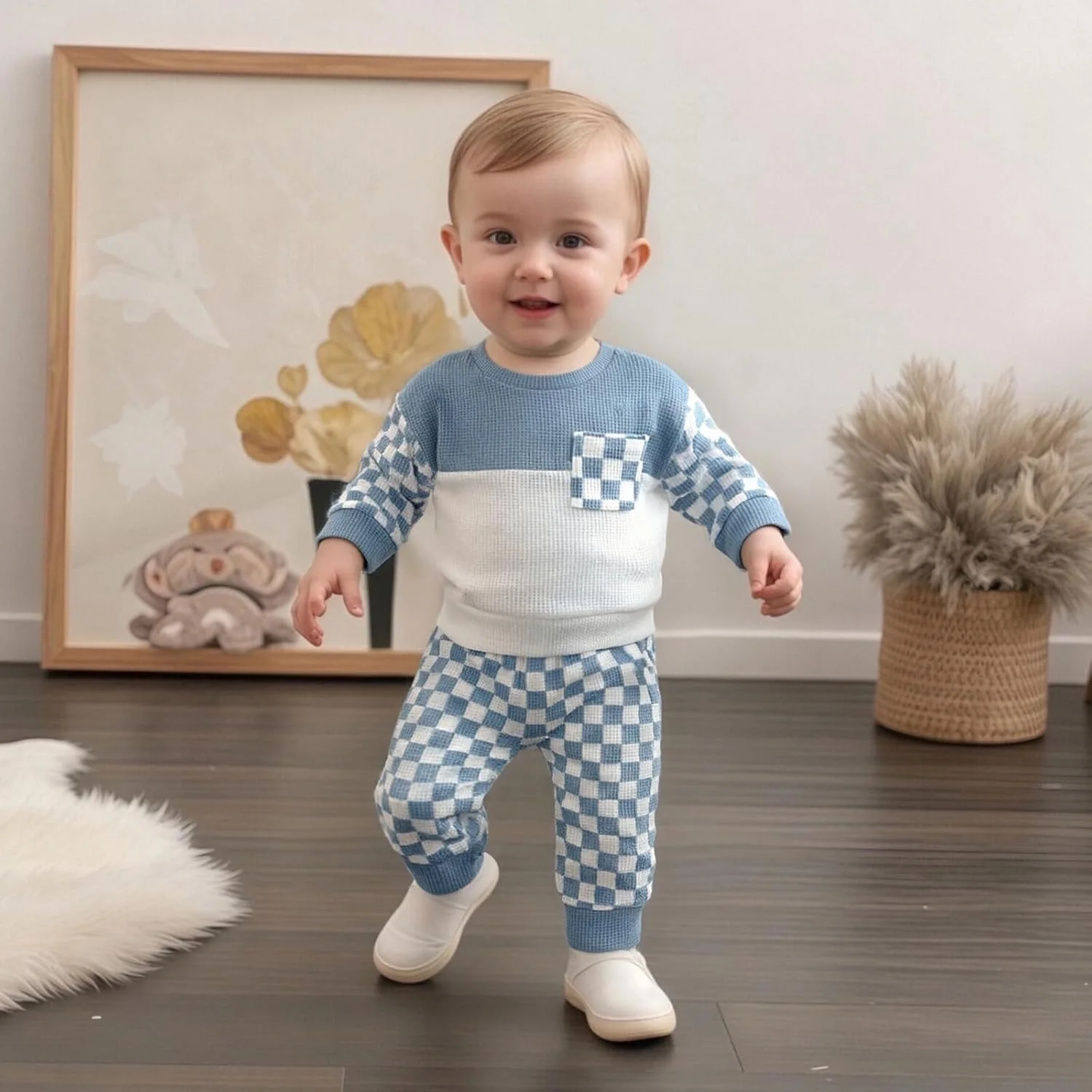 ست لباس پاییزی پسرانه نوزادی، بلوز آستین بلند طرح شطرنجی و شلوار کمر کش