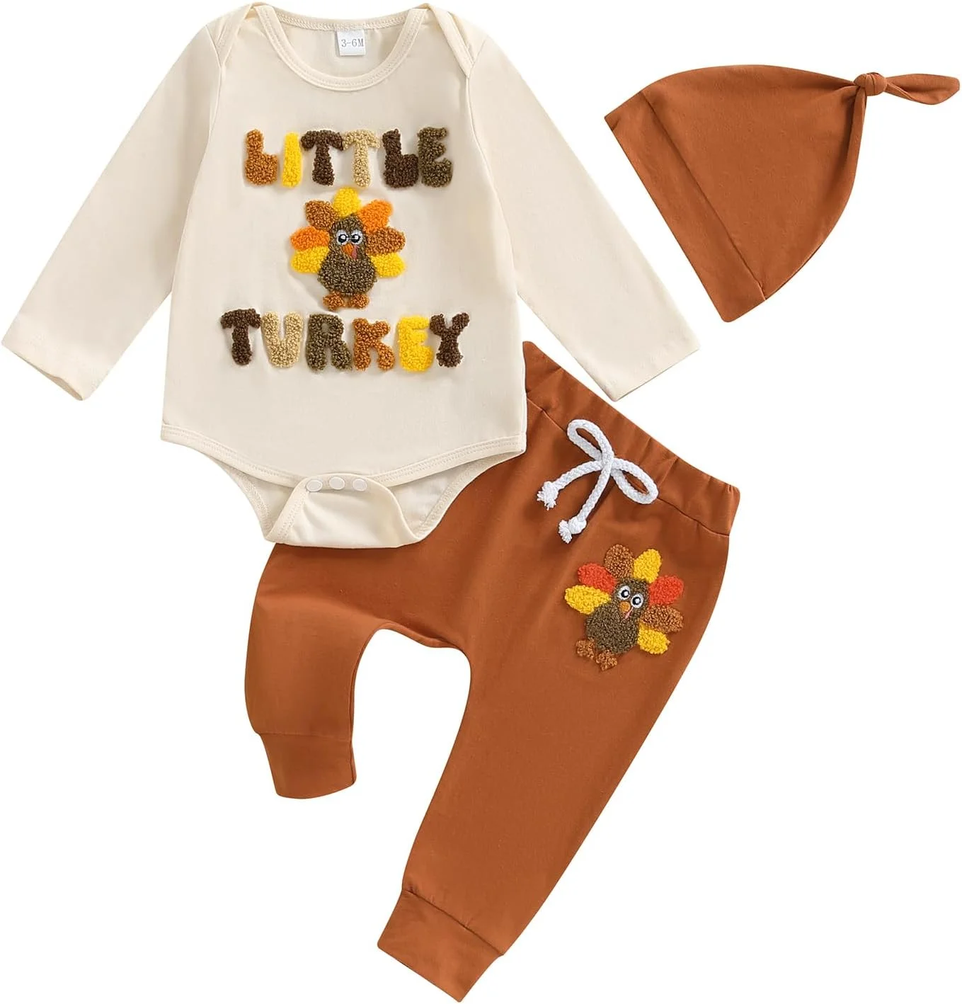 لباس نوزادی پسرانه برای جشن شکرگزاری، ست لباس شامل سرهمی، شلوار و کلاه با طرح بوقلمون