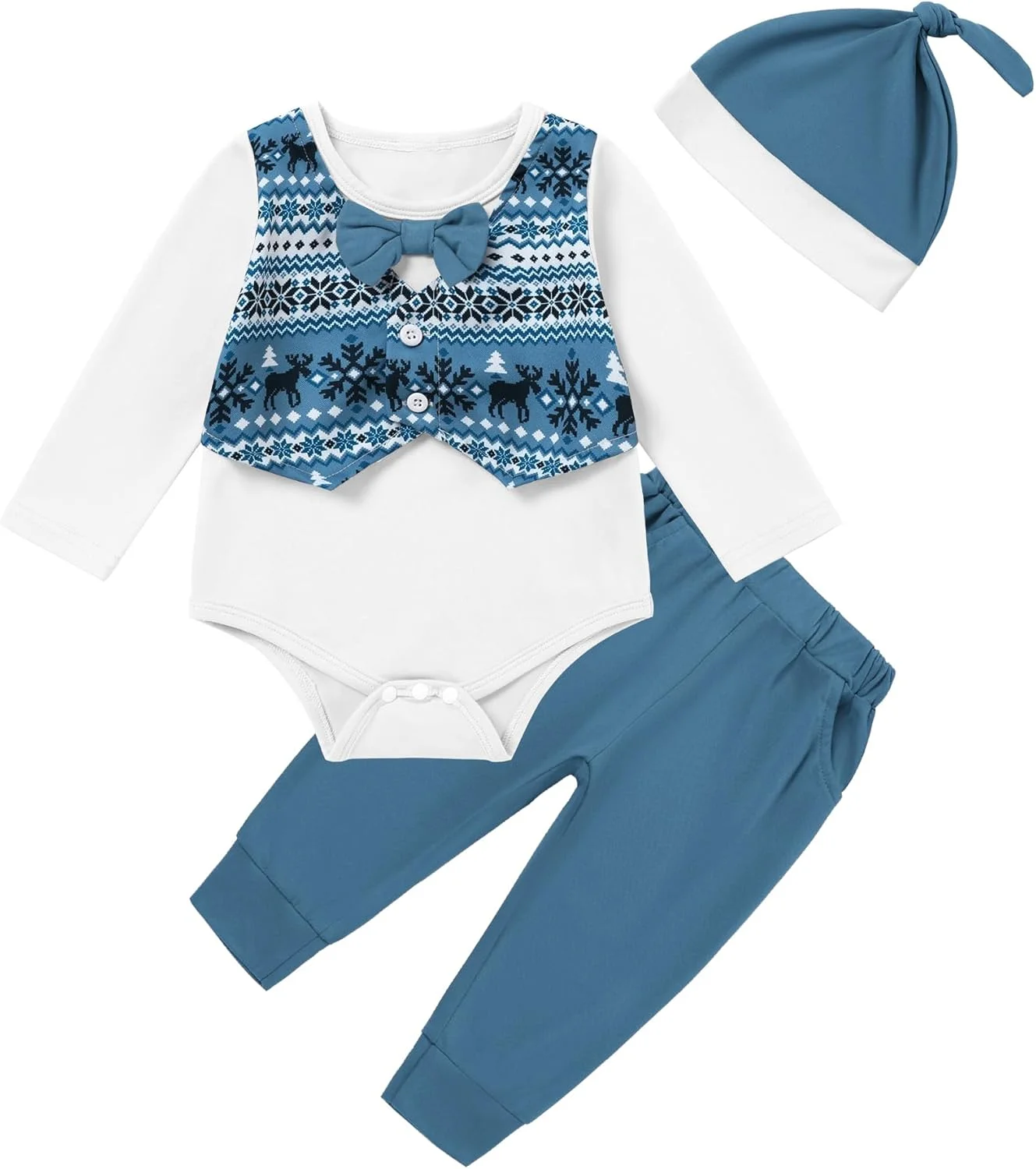 ست 3 تکه لباس نوزادی پسرانه شامل رامپر آستین بلند طرح چهارخانه با جلیقه تزئینی، شلوار و کلاه