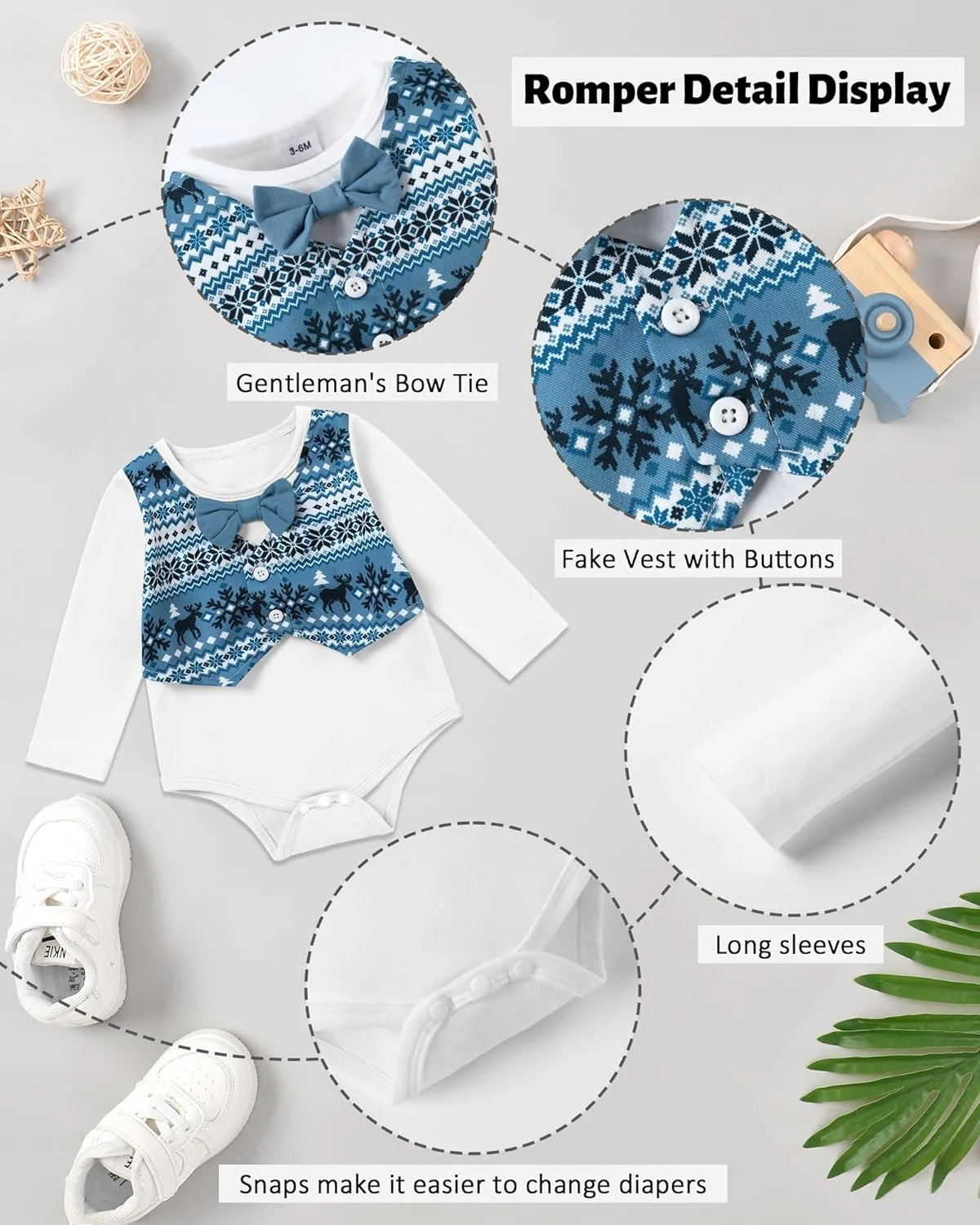 ست 3 تکه لباس نوزادی پسرانه شامل رامپر آستین بلند طرح چهارخانه با جلیقه تزئینی، شلوار و کلاه