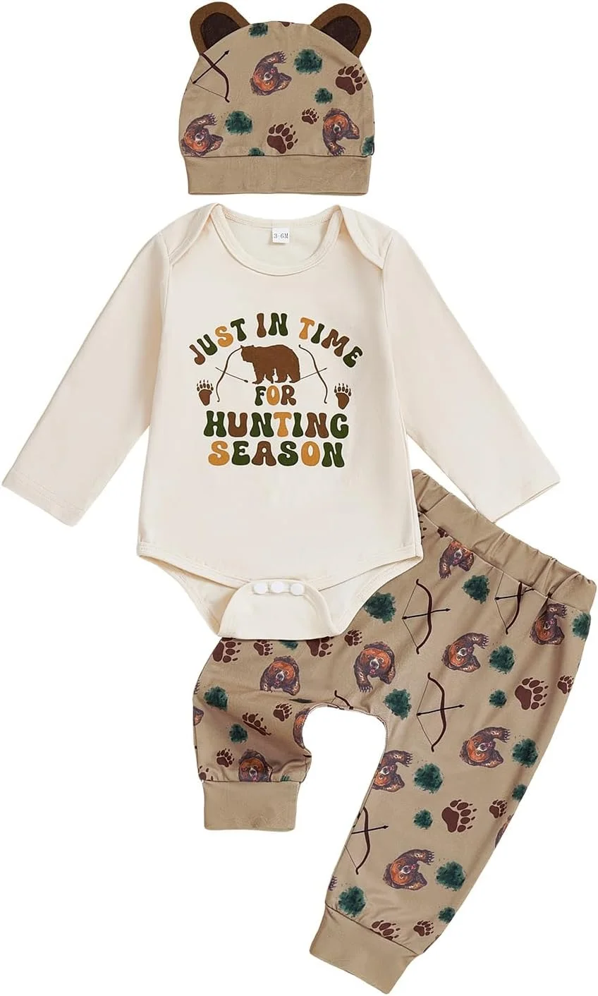 لباس نوزادی پسرانه GOOCHEER، رامپر آستین بلند، تاپ، شلوار و کلاه طرح شکار، مناسب پاییز و زمستان