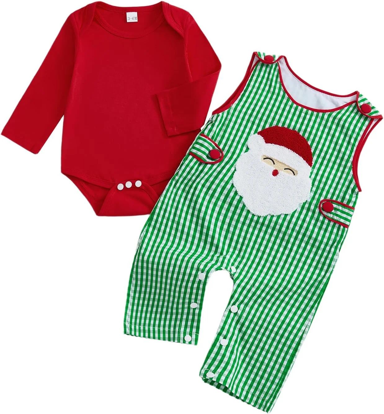 ست لباس نوزادی پسرانه دخترانه، رامپر آستین بلند با گلدوزی بابانوئل و شلوار پیشبندی چهارخانه