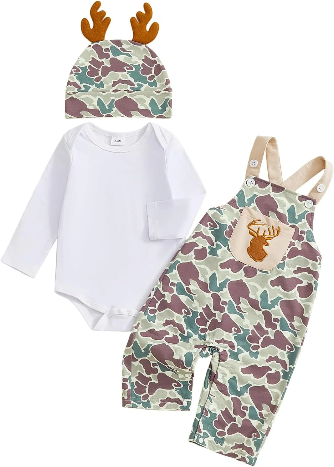 ست لباس نوزاد پسرانه شامل رامپر، شلوار پیش‌بندی طرح ارتشی و کلاه، 3 تکه مناسب پاییز و زمستان