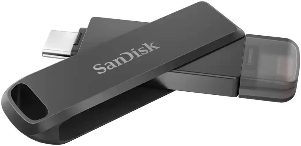فلش مموری 128 گیگابایتی SanDisk iXpand Flash Drive Luxe، اتصال Lightning، رابط USB 3.1 Gen 1، سرعت خواندن تا 150 مگابایت بر ثانیه، اتصال USB Type-C، طراحی چرخشی، درپوش قابل جابجایی، مشکی | SDIX70N-128G-GN6NE
