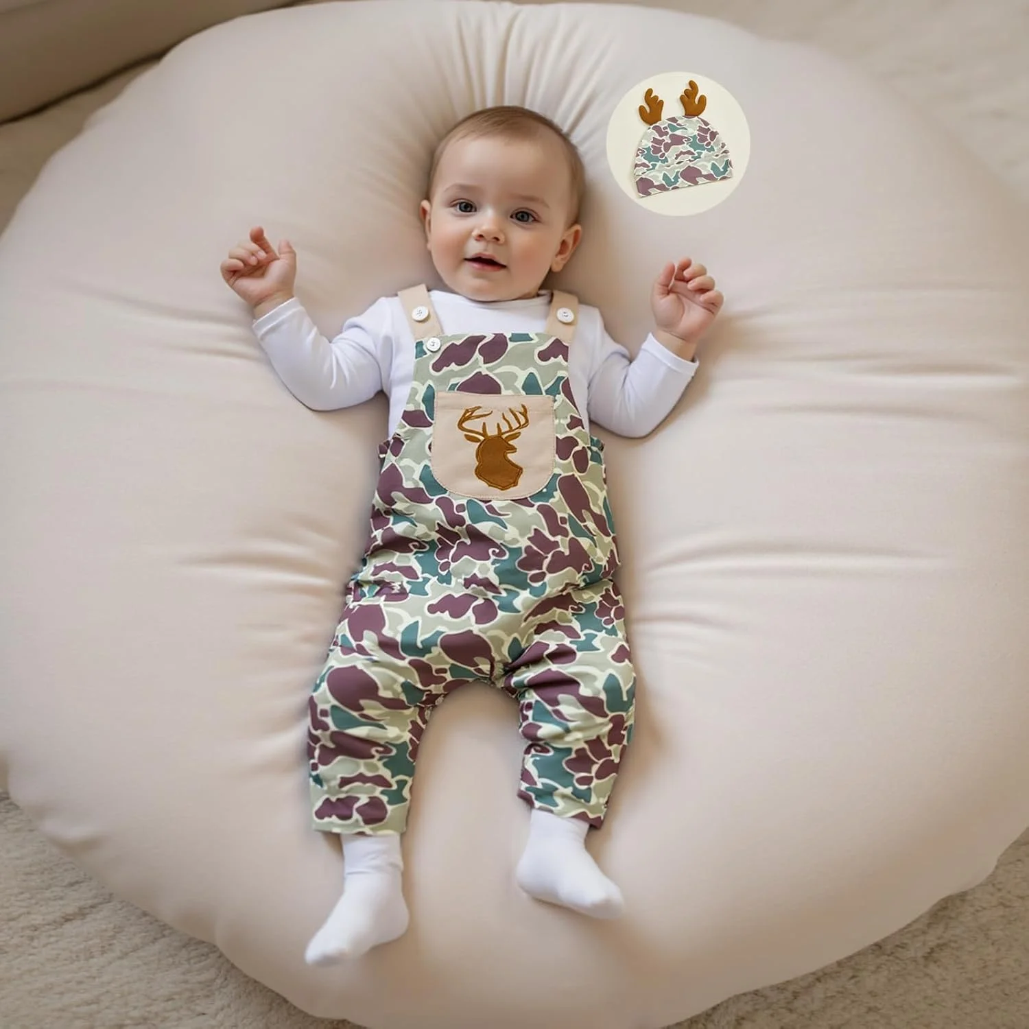 ست لباس نوزاد پسرانه شامل رامپر، شلوار پیش‌بندی طرح ارتشی و کلاه، 3 تکه مناسب پاییز و زمستان