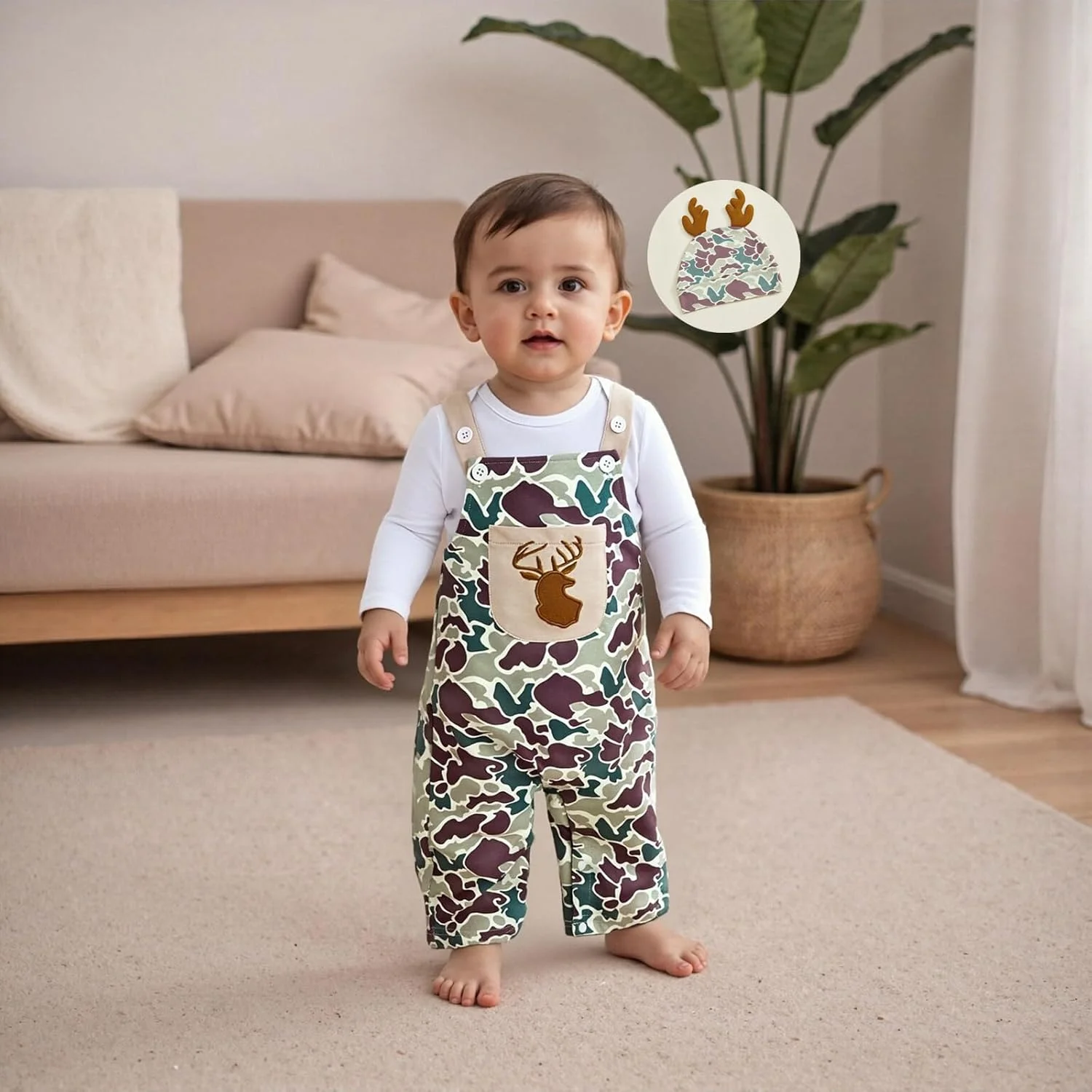 ست لباس نوزاد پسرانه شامل رامپر، شلوار پیش‌بندی طرح ارتشی و کلاه، 3 تکه مناسب پاییز و زمستان