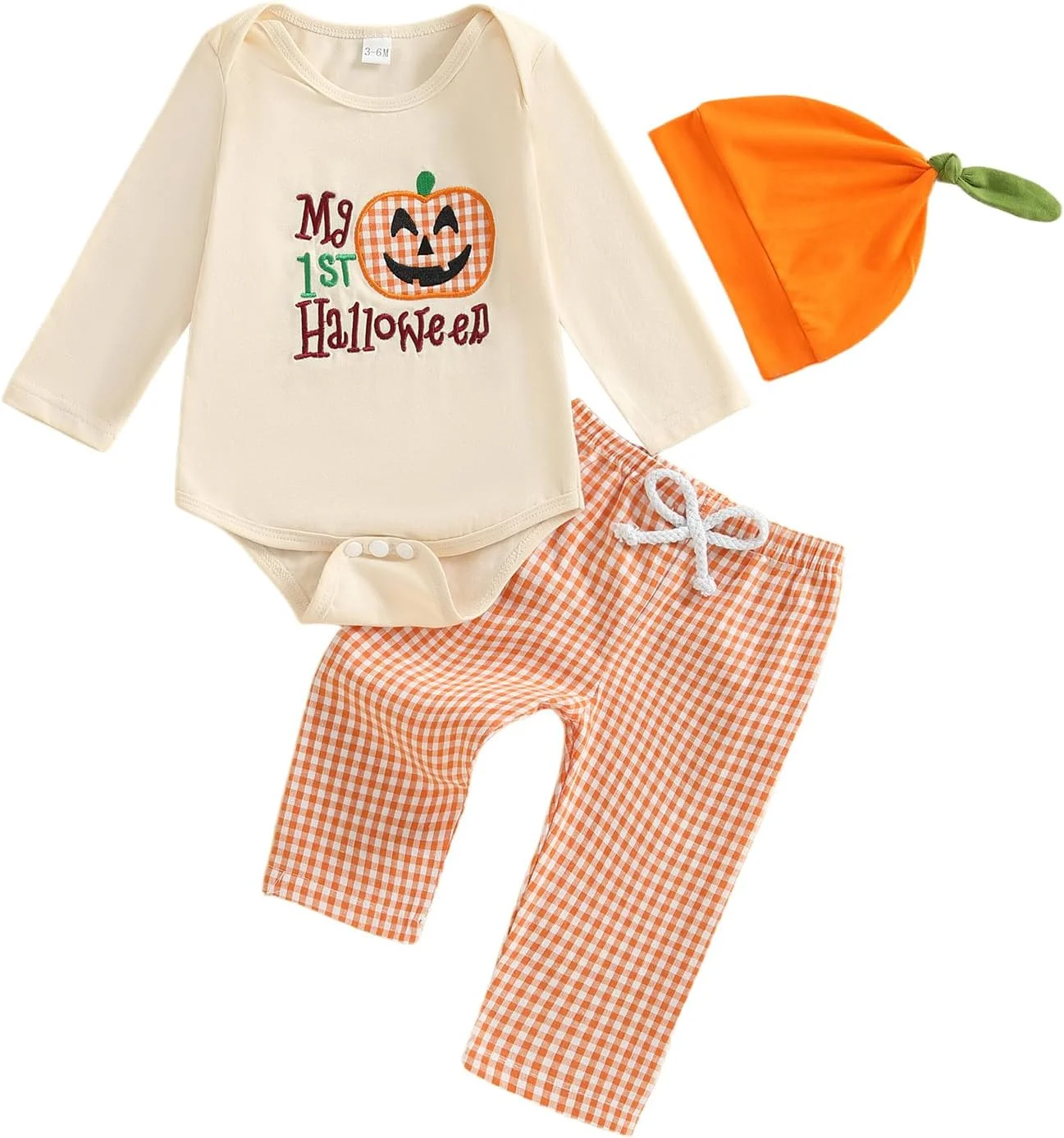لباس هالووین اولین من پسرانه، رامپر آستین بلند طرح کدو تنبل، ست شلوار و کلاه بافتنی، لباس پاییزی پسرانه نوزادی