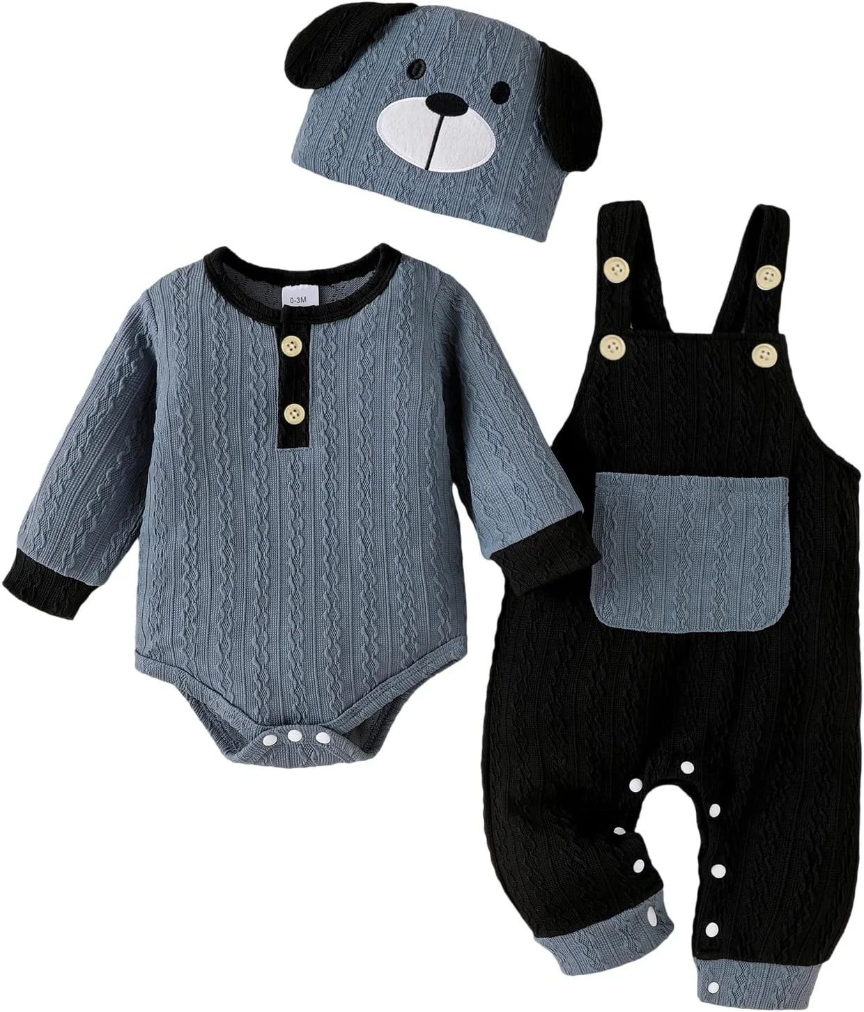لباس پسرانه نوزادی، رامپر آستین بلند و سرهمی جیب دار با بند قابل تنظیم، مناسب 0 تا 18 ماه