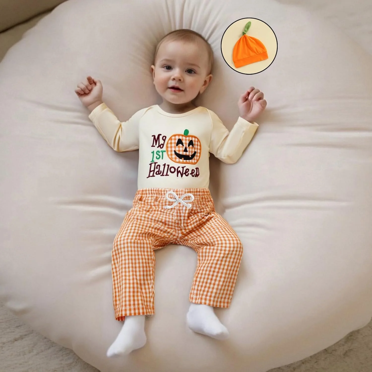 لباس هالووین اولین من پسرانه، رامپر آستین بلند طرح کدو تنبل، ست شلوار و کلاه بافتنی، لباس پاییزی پسرانه نوزادی
