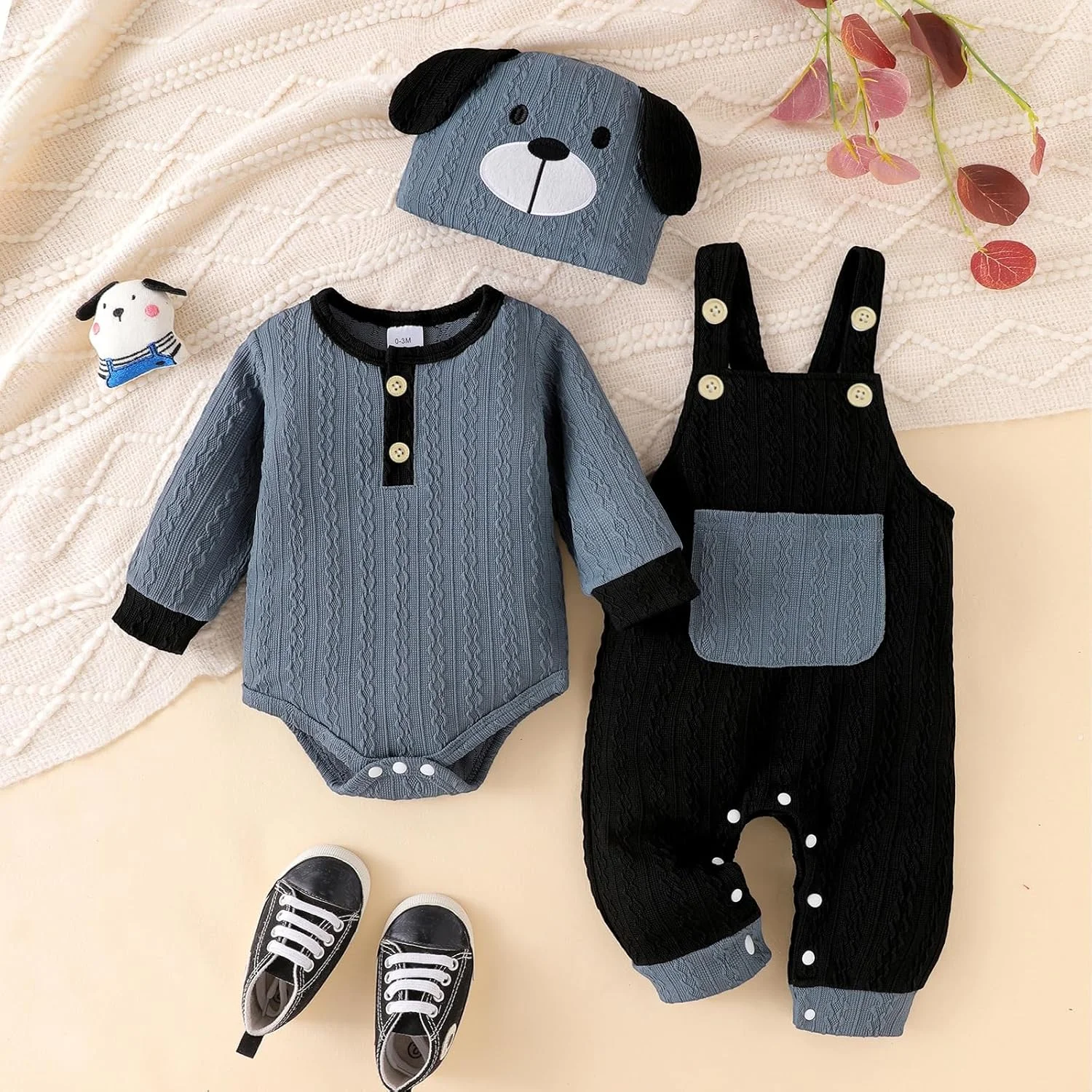 لباس پسرانه نوزادی، رامپر آستین بلند و سرهمی جیب دار با بند قابل تنظیم، مناسب 0 تا 18 ماه