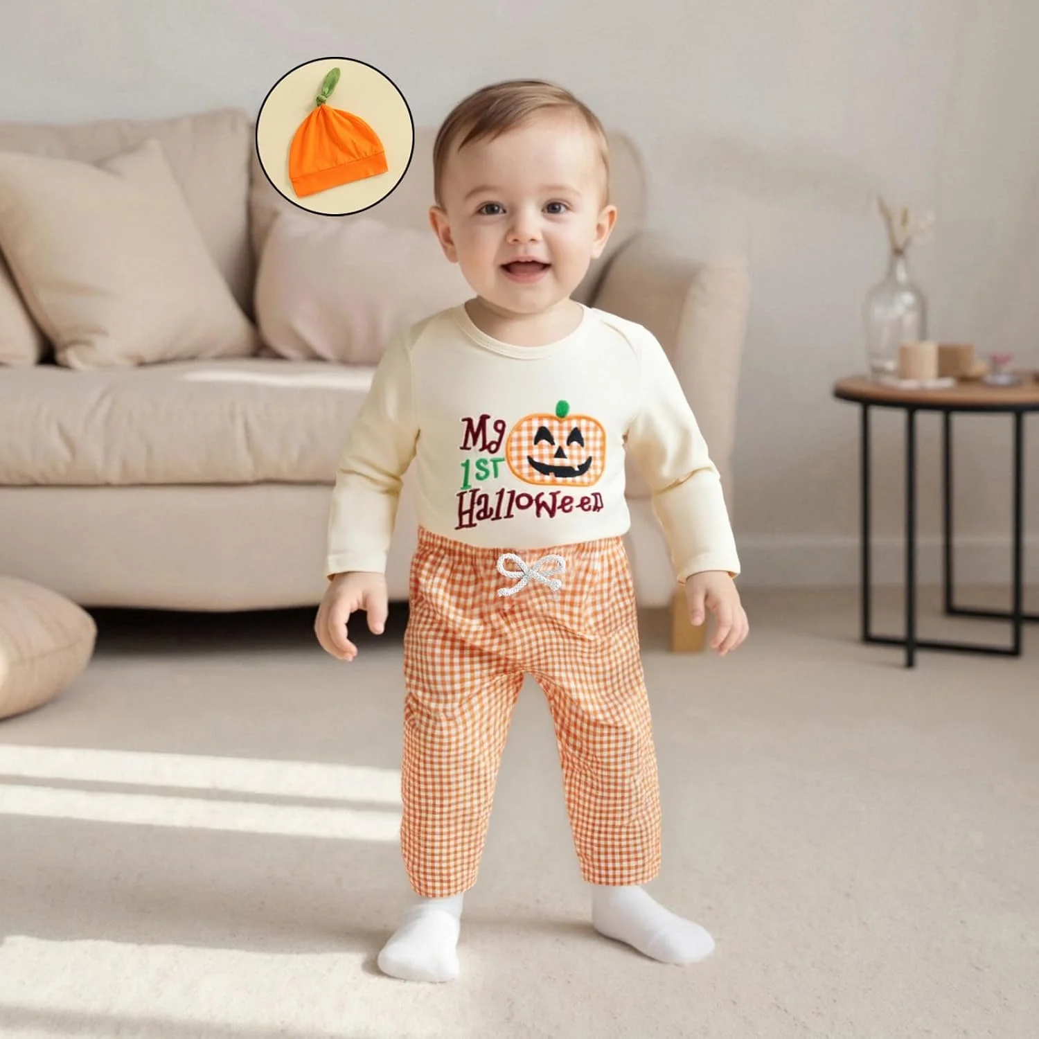 لباس هالووین اولین من پسرانه، رامپر آستین بلند طرح کدو تنبل، ست شلوار و کلاه بافتنی، لباس پاییزی پسرانه نوزادی