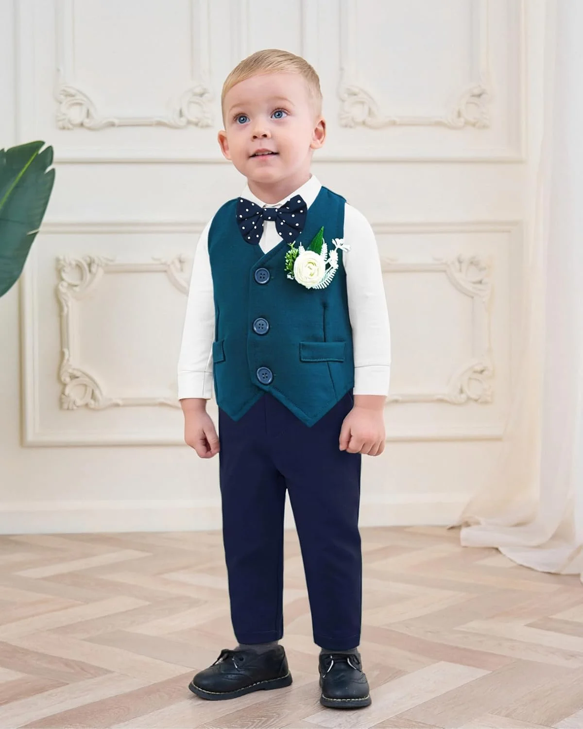 ست لباس پسرانه نوزادی یوئمیون، لباس رسمی پیراهن+جلیقه+کراوات+گل سینه+شلوار 5 تکه، مناسب مراسم عروسی 0-18 ماهگی