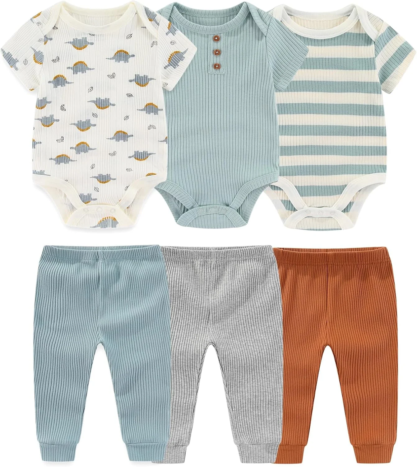 ست لباس نوزادی شامل بادی و شلوار، 6 تکه، بافت نرم و لطیف مناسب نوزاد پسر و دختر