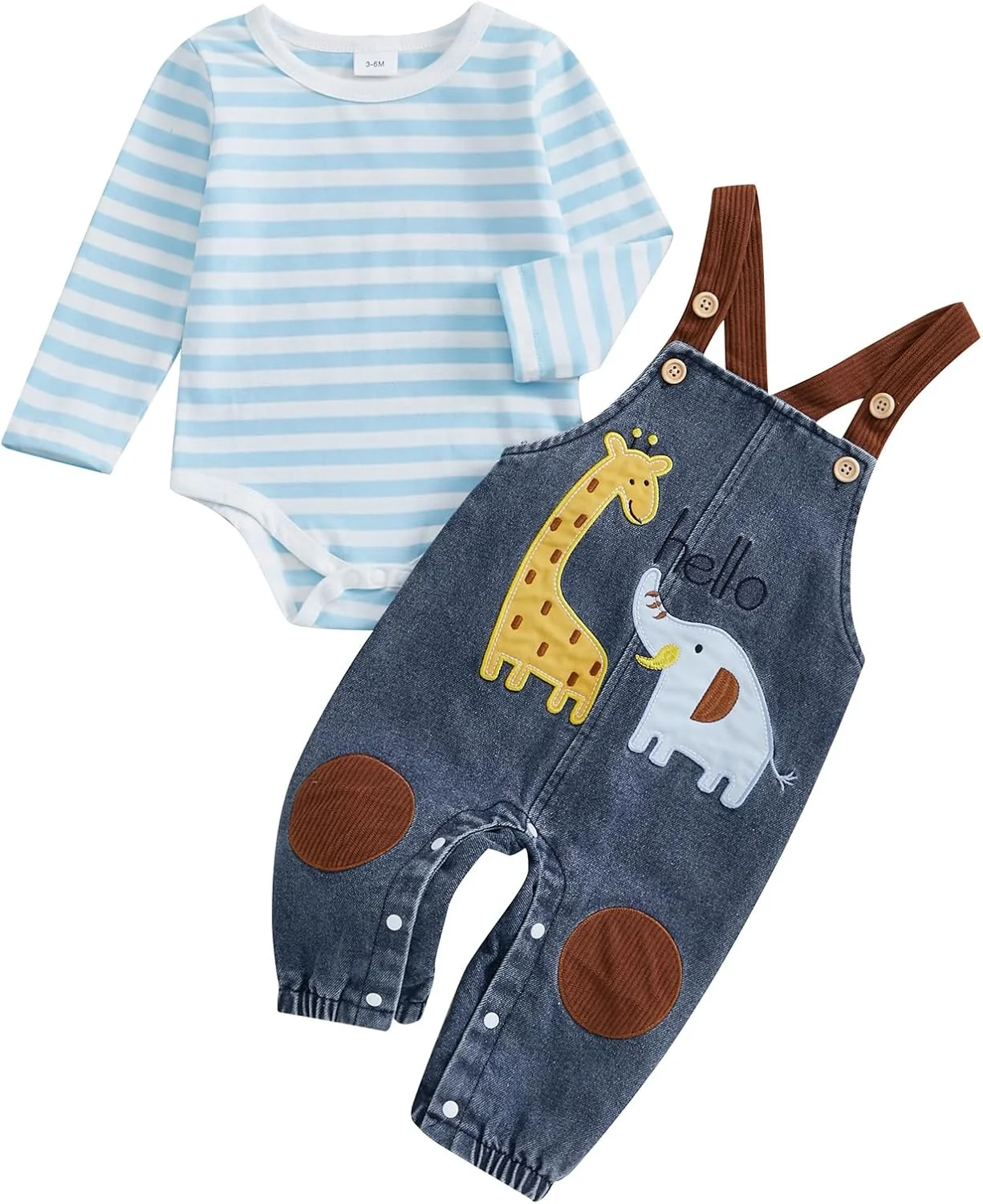 ست لباس نوزادی پسرانه Carolilly شامل رامپر آستین بلند راه راه و شلوار پیشبندی با گلدوزی زرافه و فیل