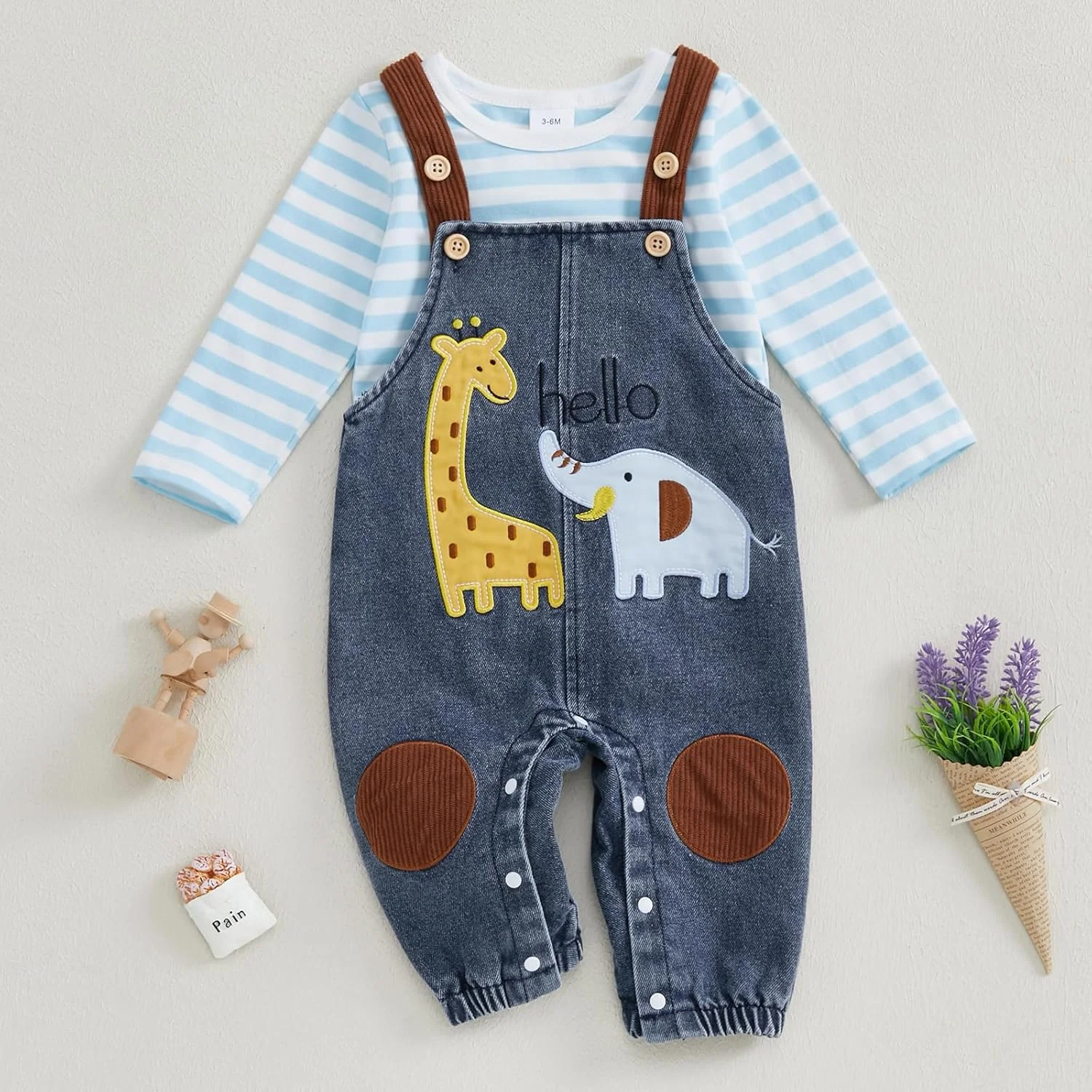 ست لباس نوزادی پسرانه Carolilly شامل رامپر آستین بلند راه راه و شلوار پیشبندی با گلدوزی زرافه و فیل