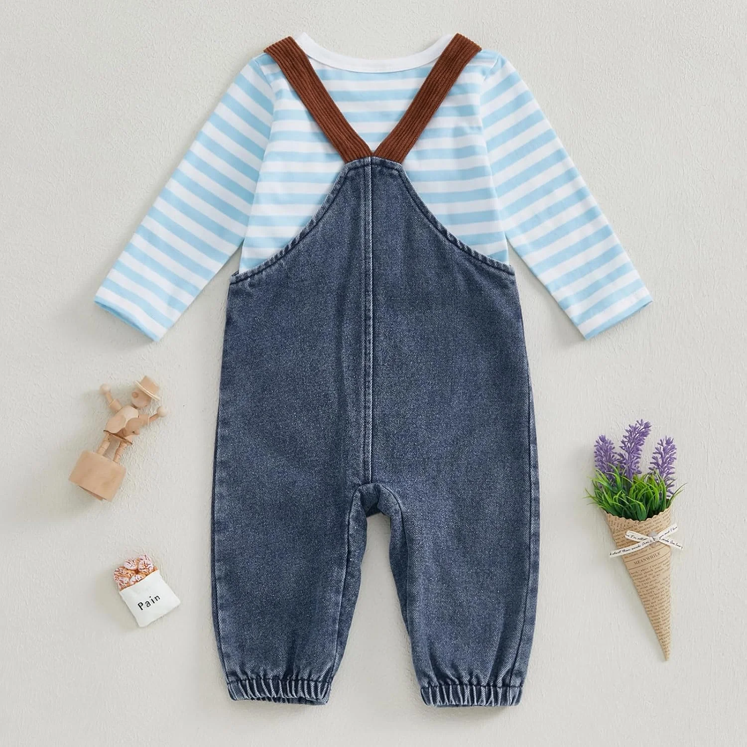 ست لباس نوزادی پسرانه Carolilly شامل رامپر آستین بلند راه راه و شلوار پیشبندی با گلدوزی زرافه و فیل