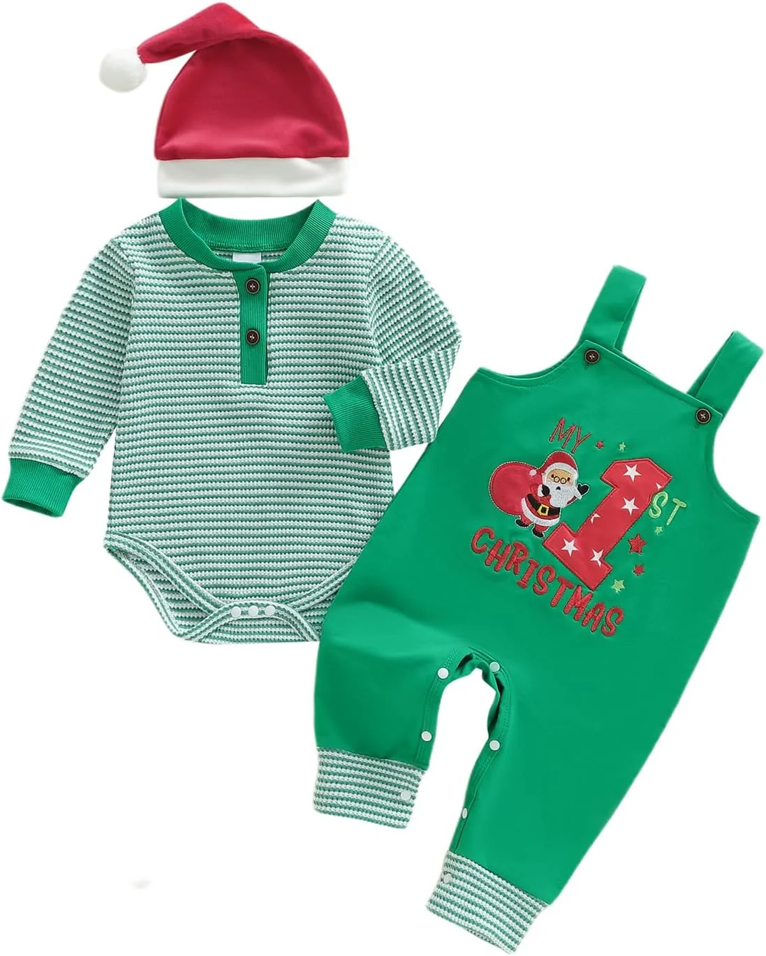 ست لباس نوزادی پسرانه طرح راه راه آستین بلند شامل رامپر، شلوار پیشبندی، شلوار و کلاه 3 تکه