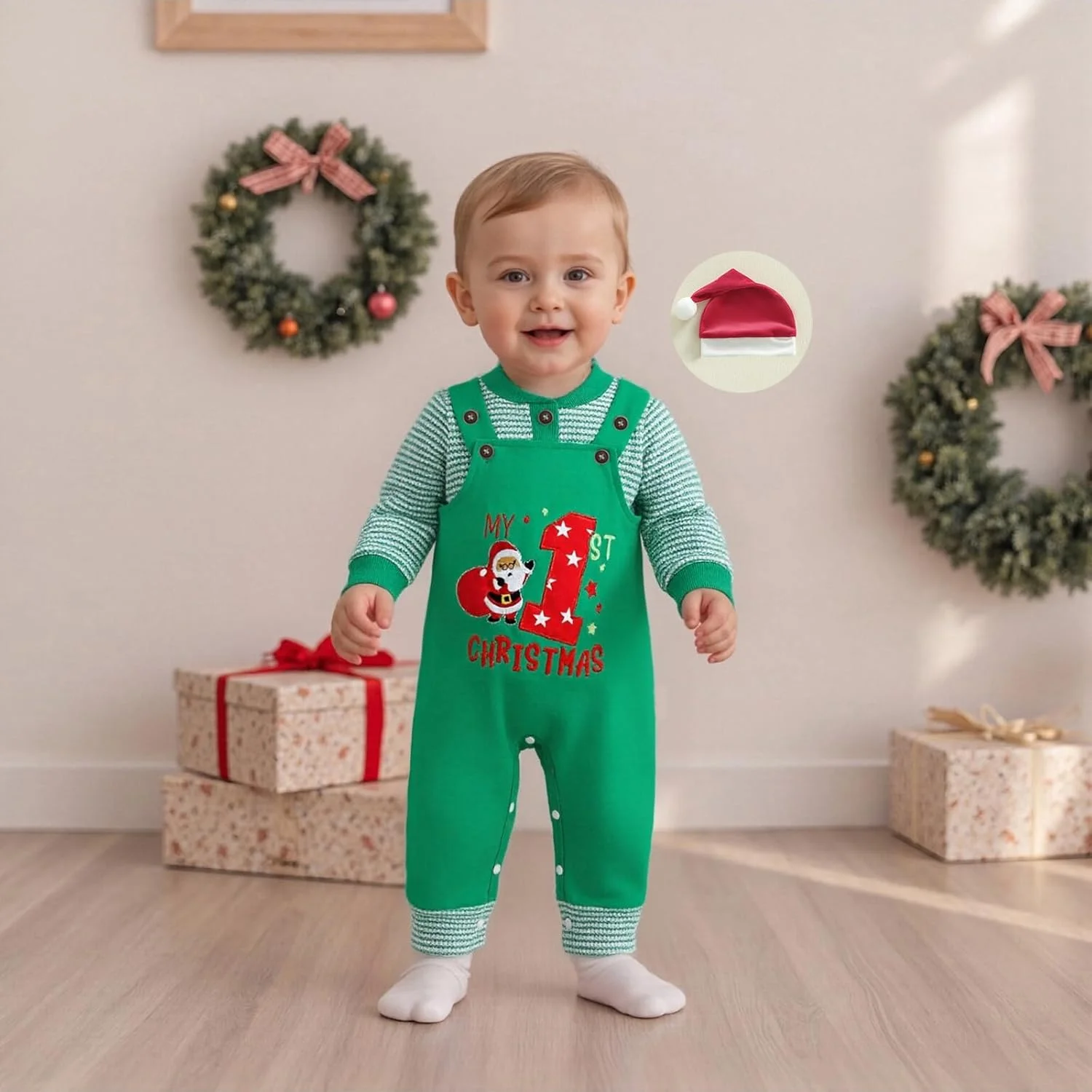 ست لباس نوزادی پسرانه طرح راه راه آستین بلند شامل رامپر، شلوار پیشبندی، شلوار و کلاه 3 تکه