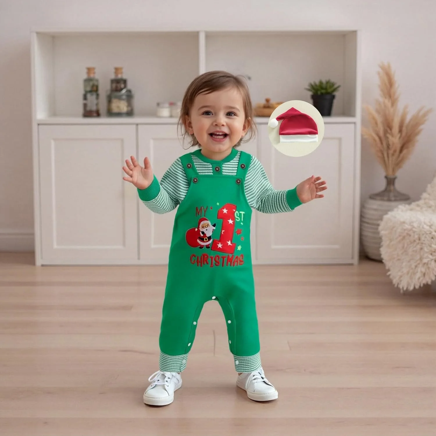 ست لباس نوزادی پسرانه طرح راه راه آستین بلند شامل رامپر، شلوار پیشبندی، شلوار و کلاه 3 تکه