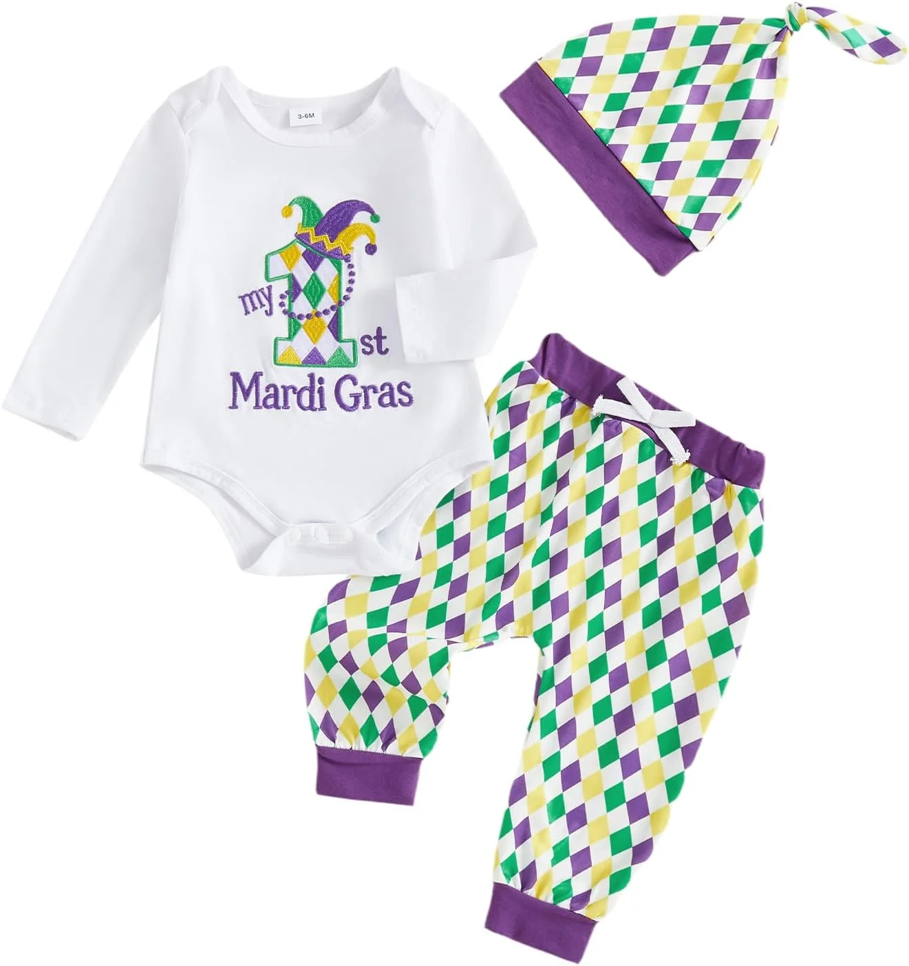 ست لباس نوزادی 3 تکه پسرانه/دخترانه با طرح جشن ماردی گرا شامل بادی آستین بلند، شلوار و کلاه مناسب فصل پاییز