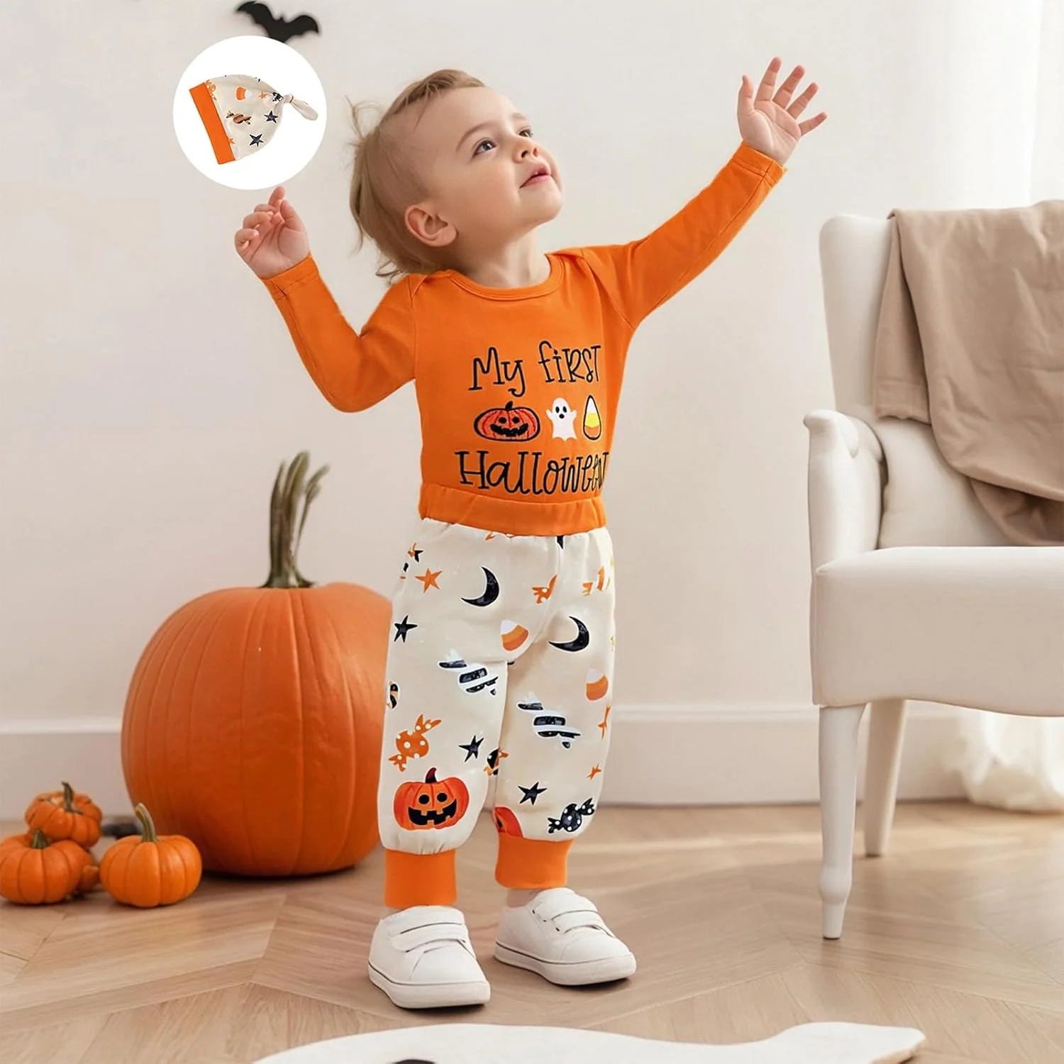 ست لباس هالووین نوزادی پسرانه، رامپر کدو تنبل آستین بلند، شلوار و کلاه، لباس پاییزی زیبا