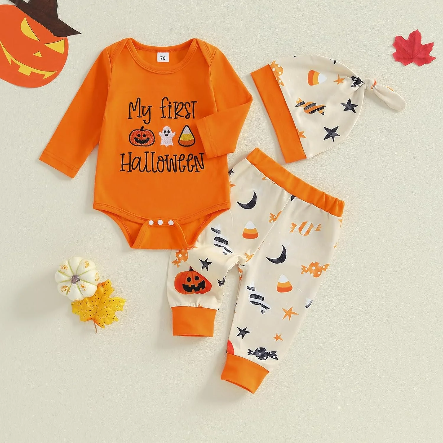 ست لباس هالووین نوزادی پسرانه، رامپر کدو تنبل آستین بلند، شلوار و کلاه، لباس پاییزی زیبا