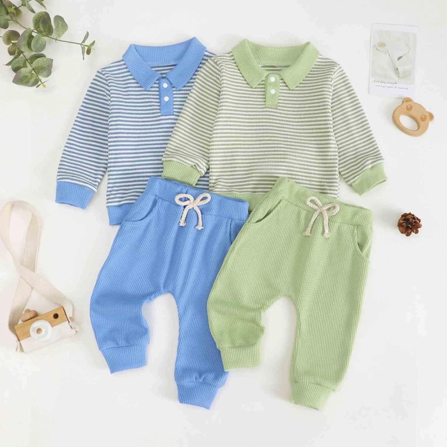 ست لباس دو تکه نوزادی پسرانه شامل بلوز آستین بلند یقه دار و شلوار، مناسب فصل پاییز و زمستان، 0 تا 3 سال